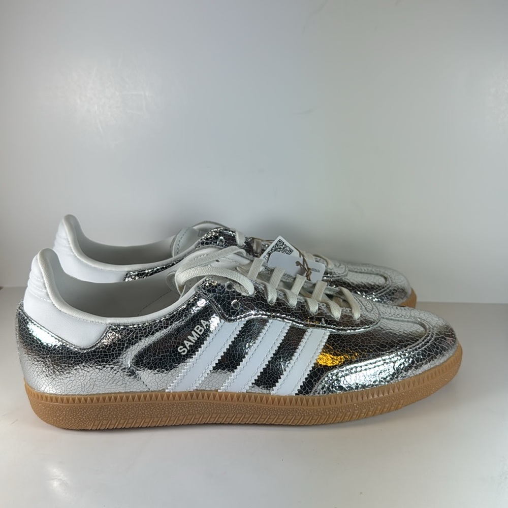 Adidas Samba OG Metallic Silver Cracked Leather Women’s Size 8 Sneakers - Picture 2 of 12